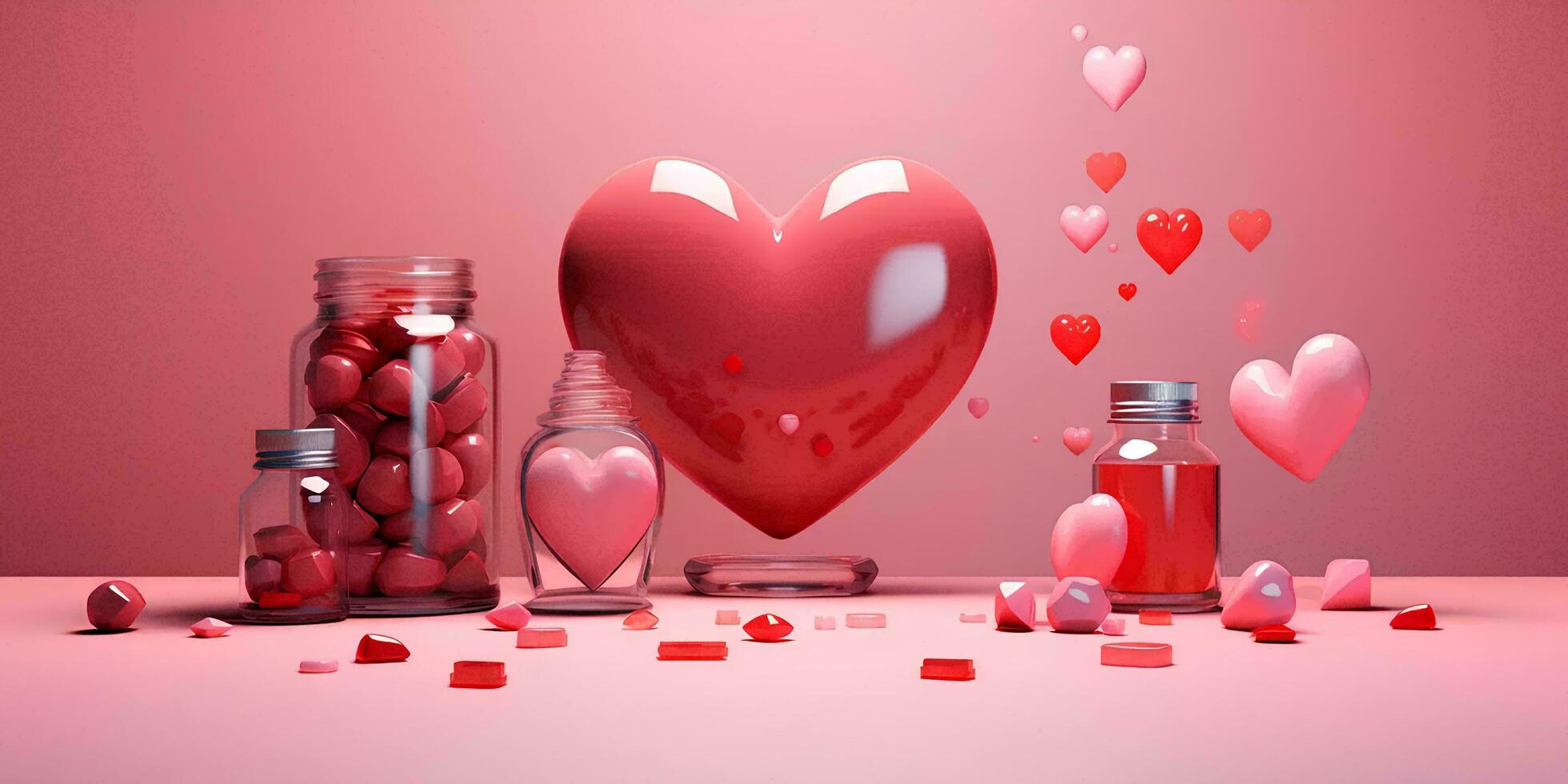 AI generated Valentine's day background with hearts and glass jars. 3D rendering photo