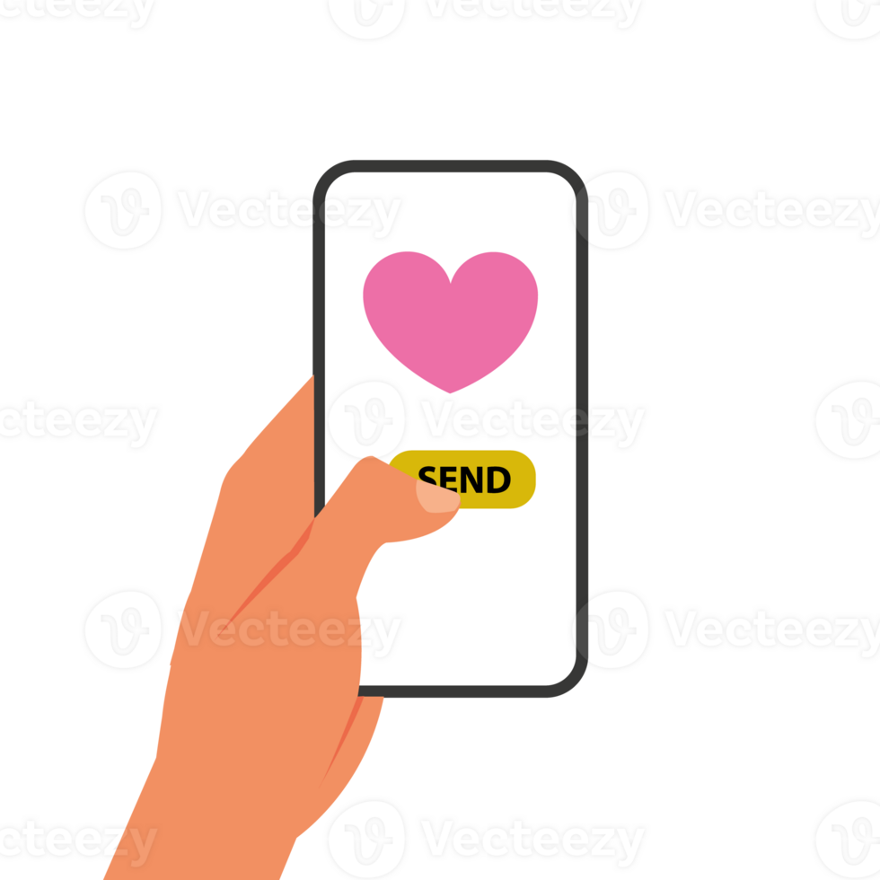Sending love message concept. Hand holding phone with heart, send button on the screen. Finger touch screen. Cartoon illustration for advertisement, web sites, banners, infographics design png
