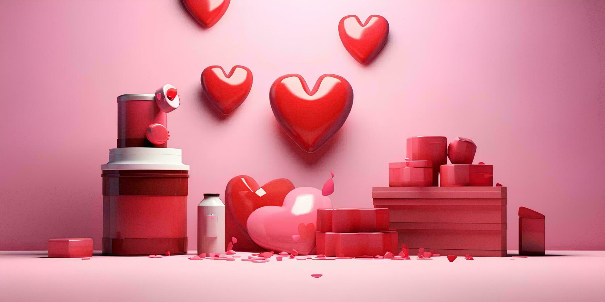 AI generated Red heart with cosmetic products on pink background. 3D rendering. For valentine day photo