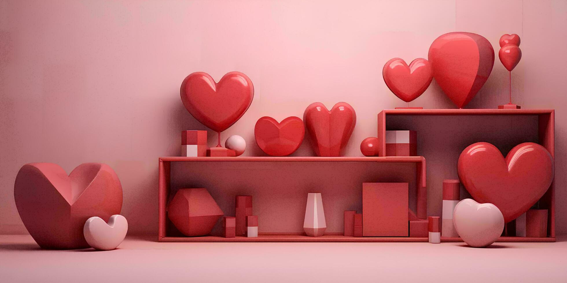 AI generated Pink interior with chest of drawers and pink hearts. 3D rendering For valentine day photo
