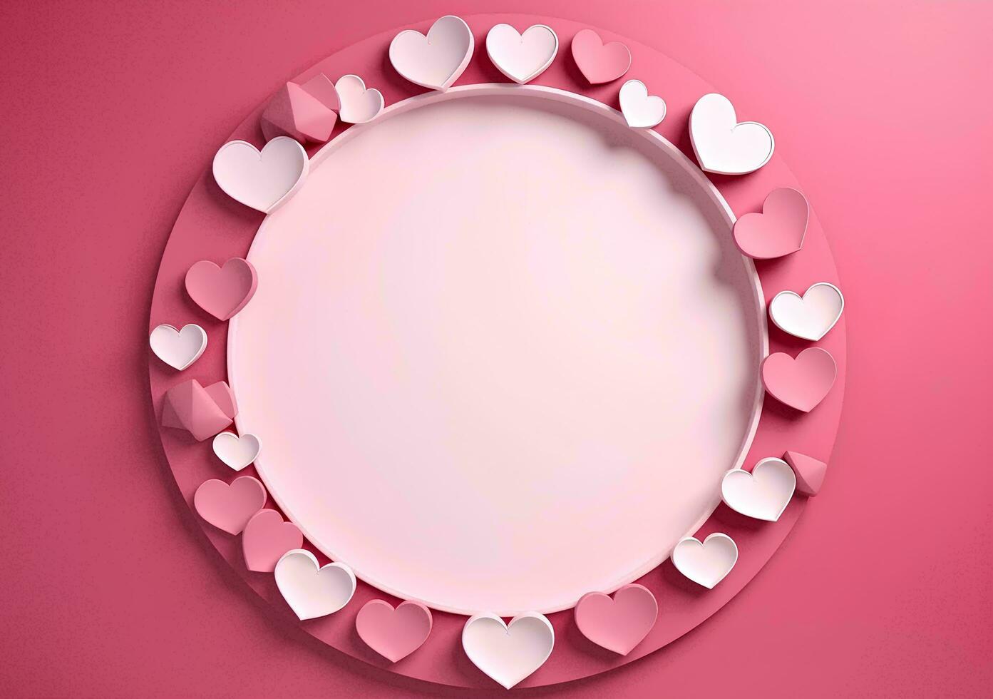 AI generated Valentines day background with pink hearts and heart frame. 3d rendering love photo