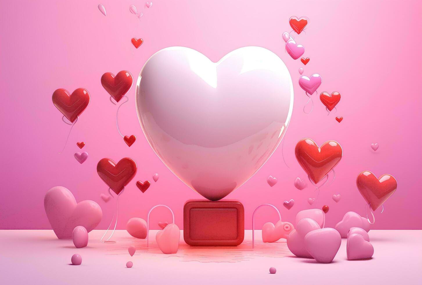 AI generated Valentines day background with pink hearts and heart frame. 3d rendering love photo