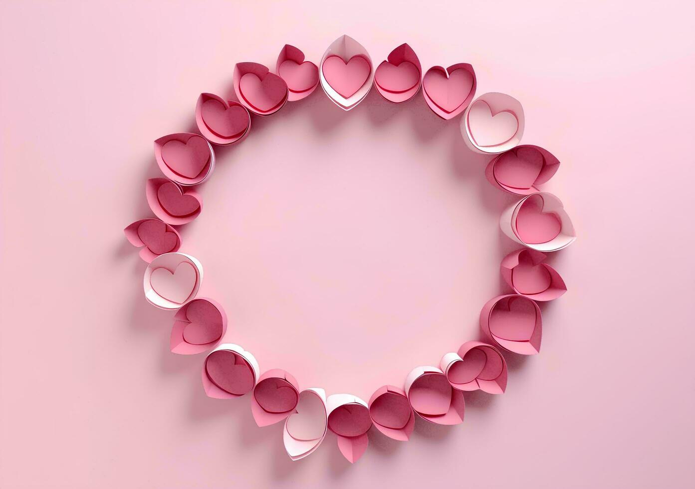 AI generated Valentines day background with pink hearts and heart frame. 3d rendering love photo