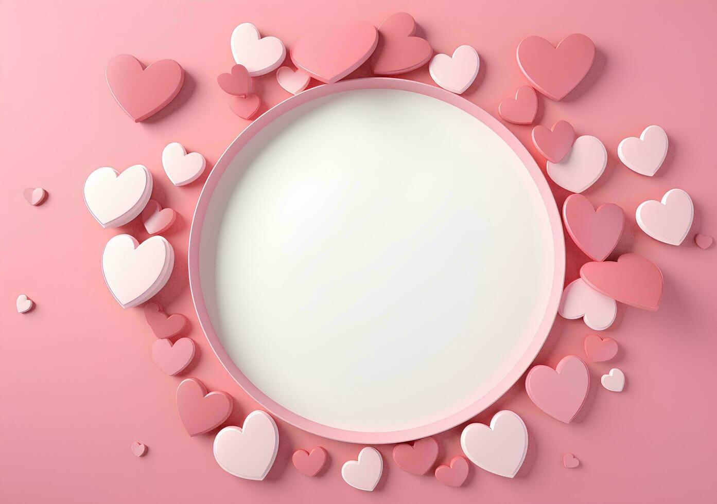 AI generated Valentines day background with pink hearts and heart frame. 3d rendering love photo