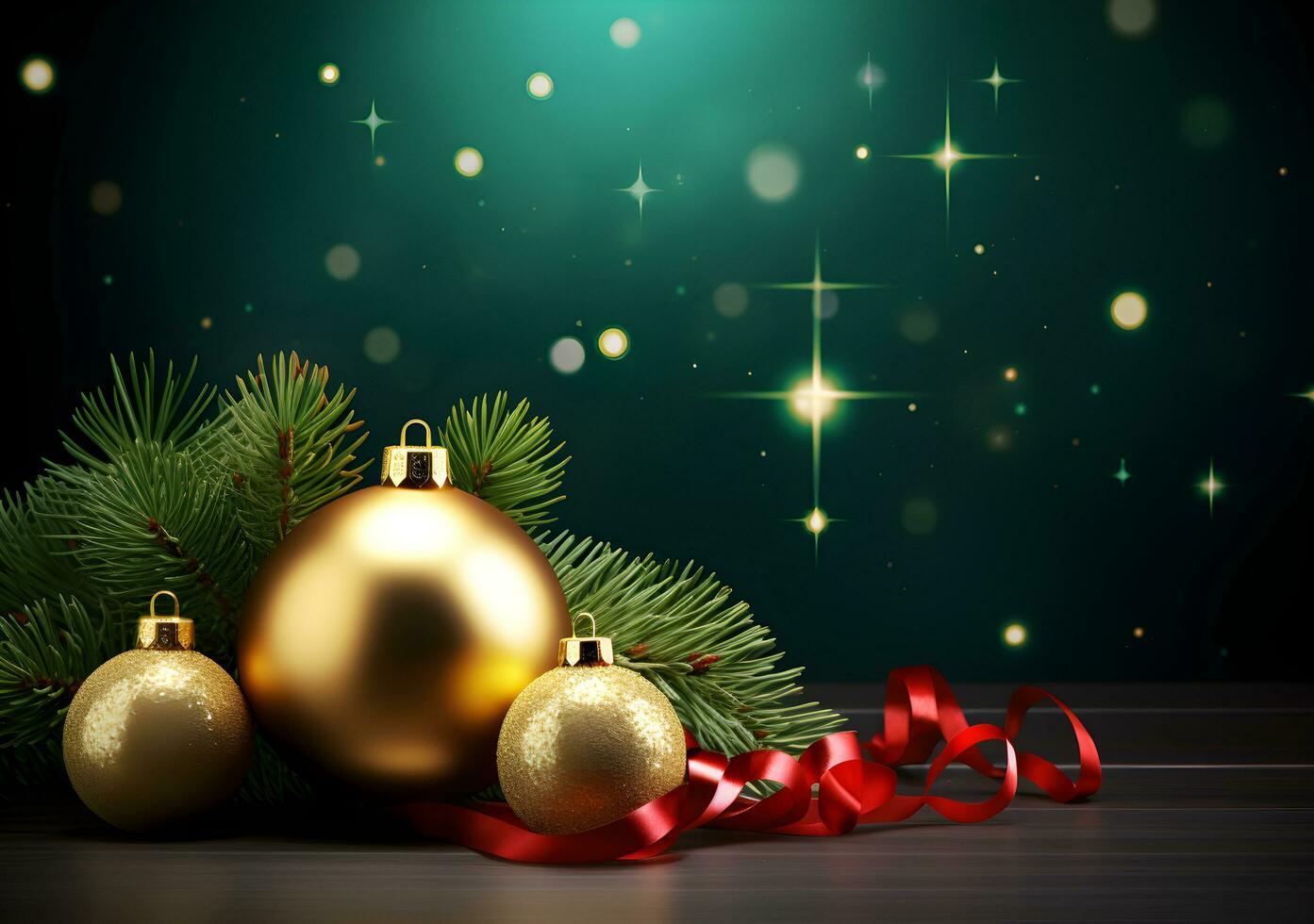 AI generated Christmas baubles on wooden table and green bokeh background photo