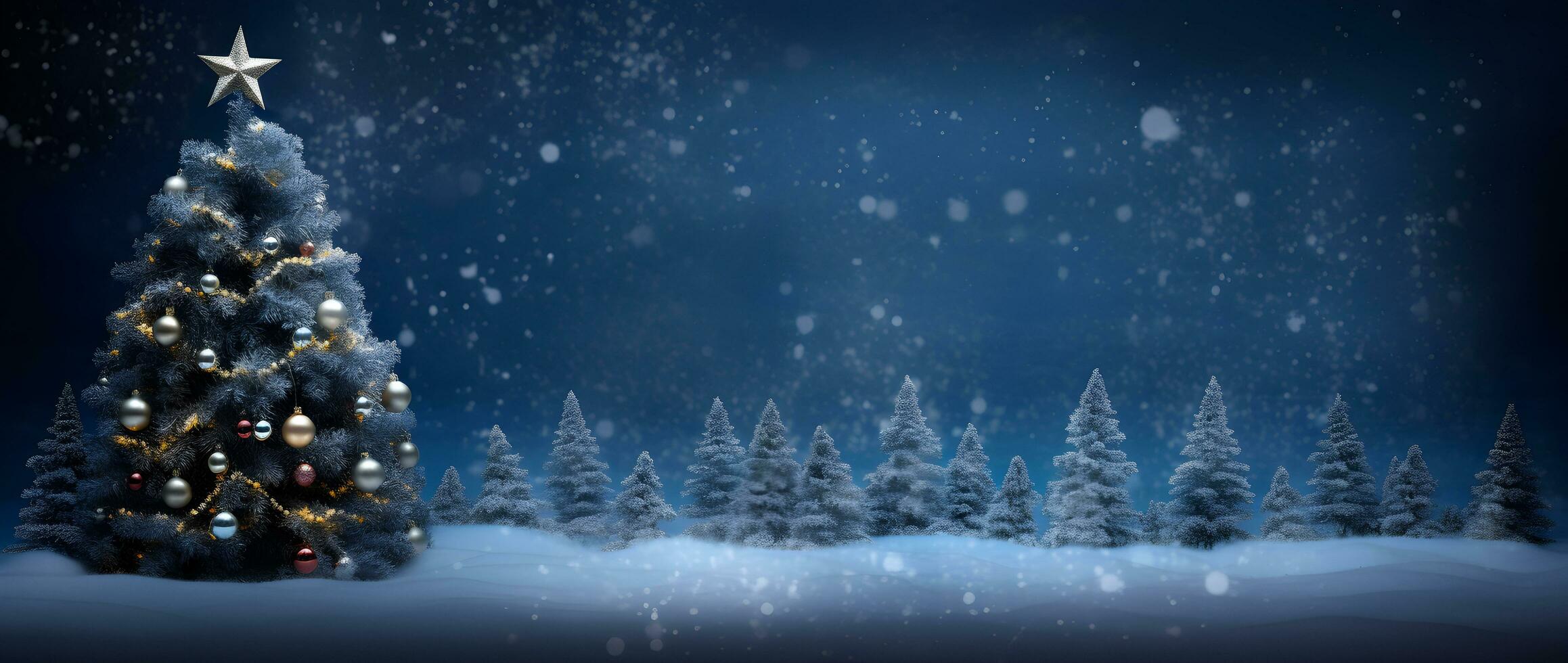 AI generated Christmas and New Year background. Christmas tree in a snowy forest. photo
