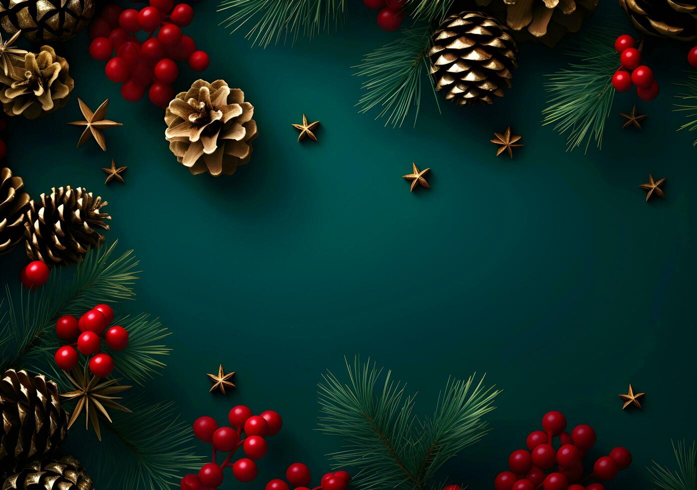 AI generated Christmas background with fir branches, pine cones, berries and stars. photo