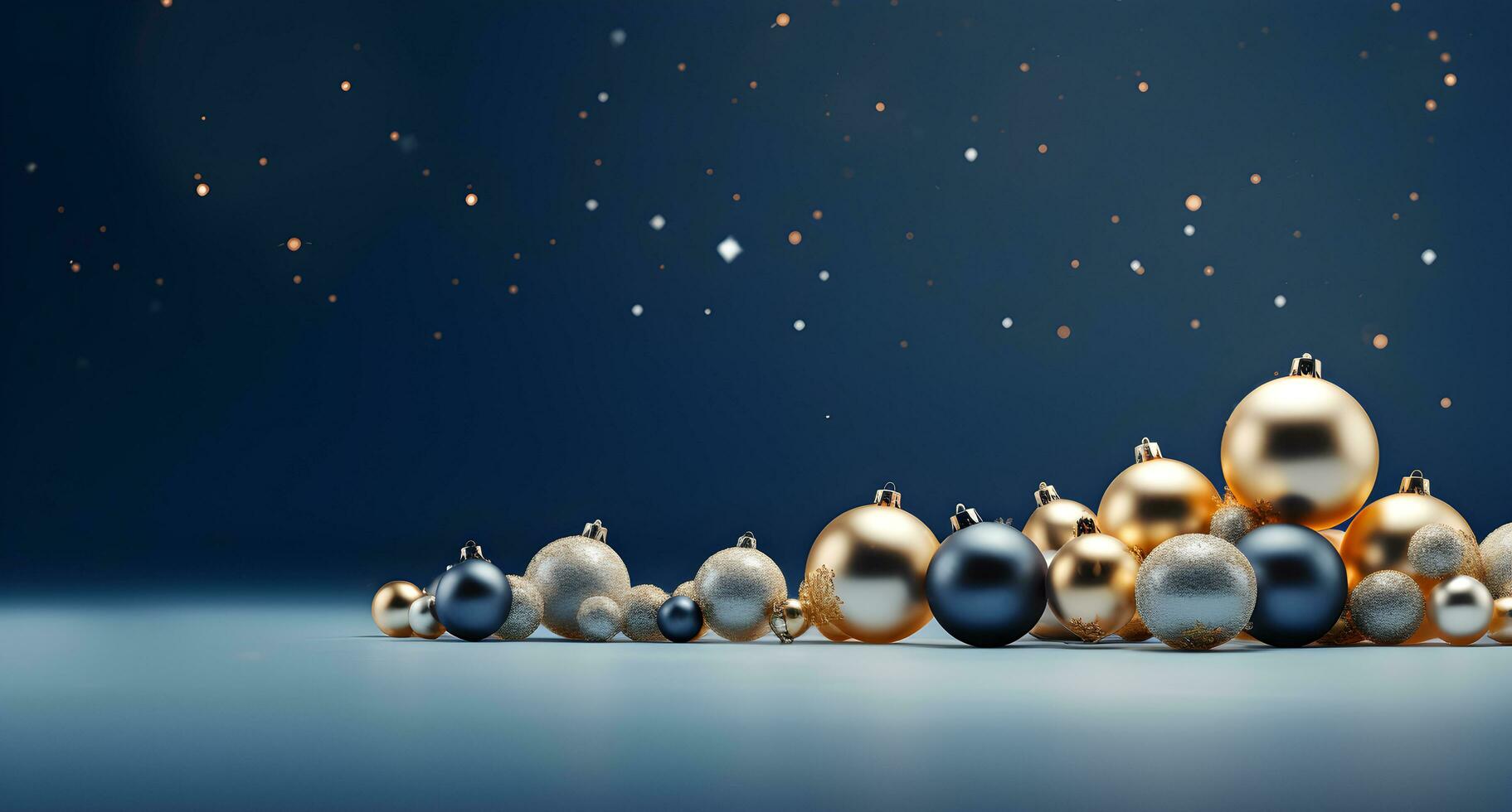 AI generated Merry Christmas and Happy New Year background with gold and blue baubles and gift boxes. 3d rendering photo