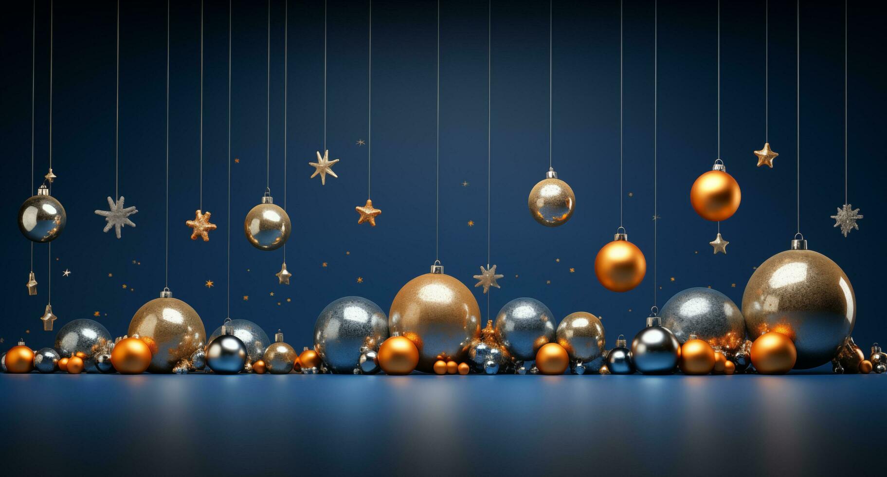 AI generated Merry Christmas and Happy New Year background with gold and blue baubles and gift boxes. 3d rendering photo