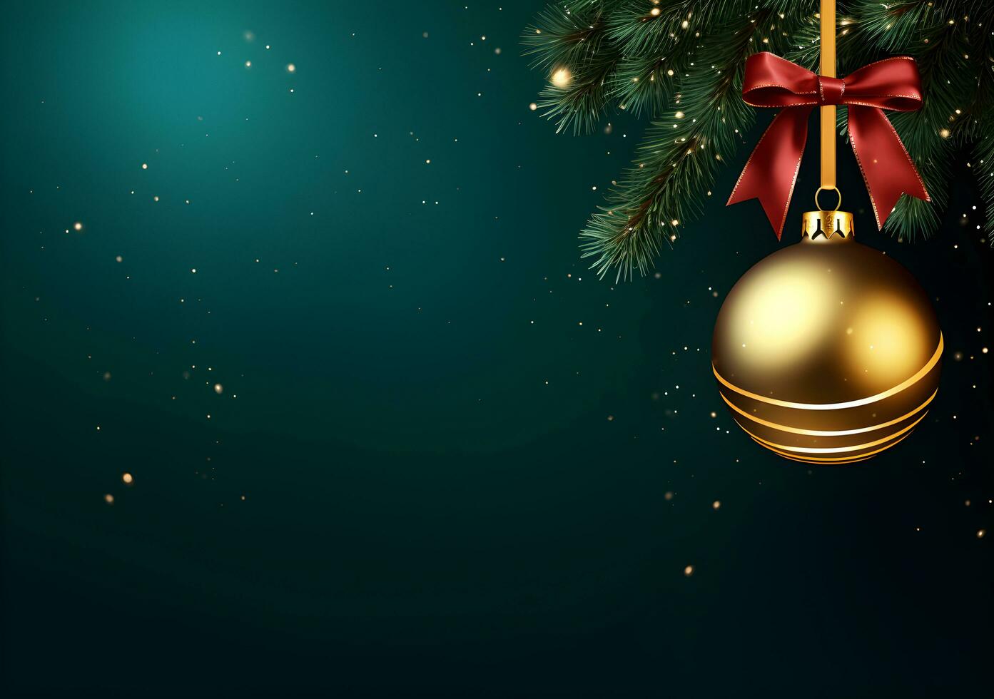 AI generated Christmas baubles on wooden table and green bokeh background photo