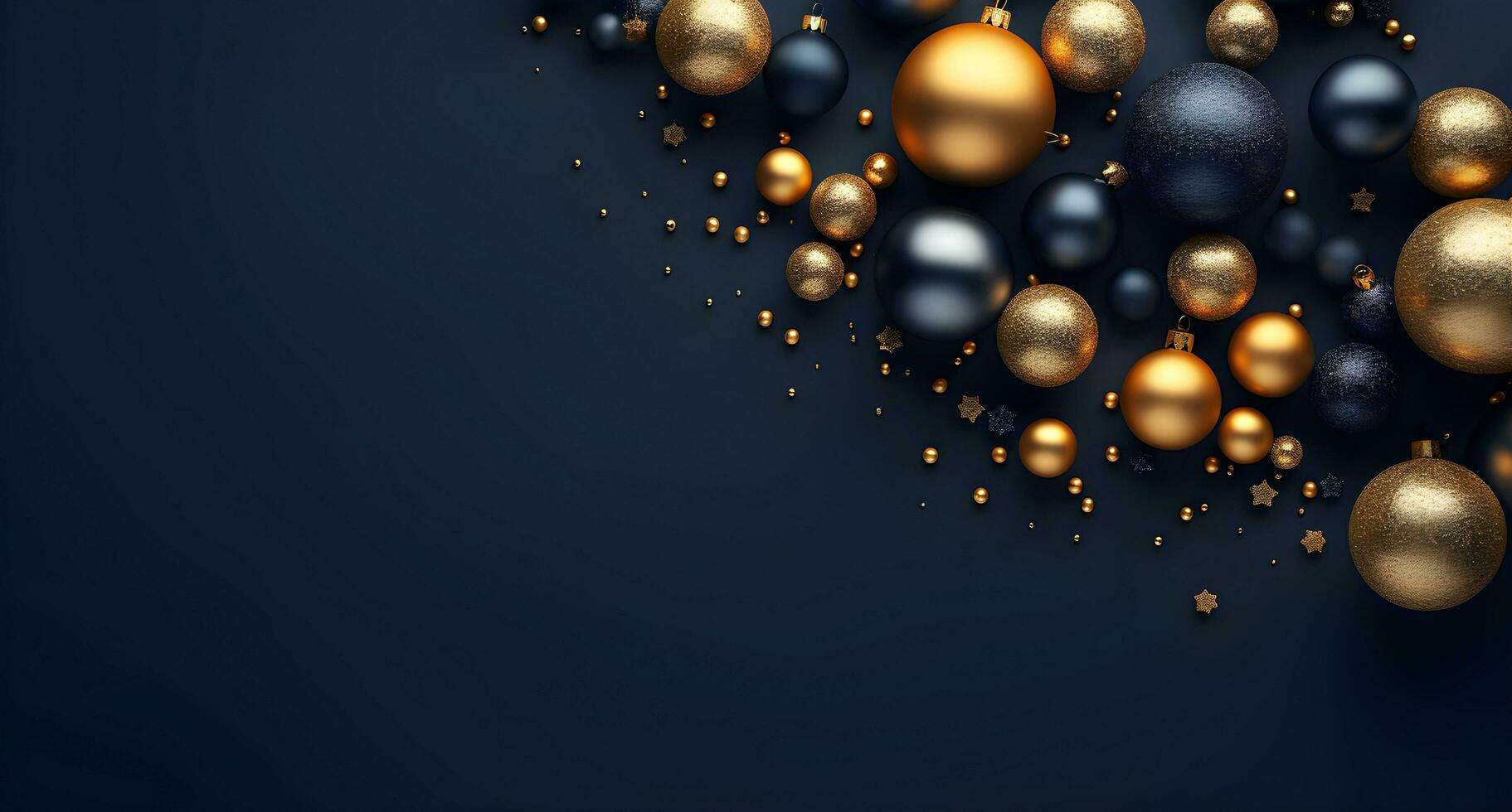 AI generated Merry Christmas and Happy New Year background with gold and blue baubles and gift boxes. 3d rendering photo