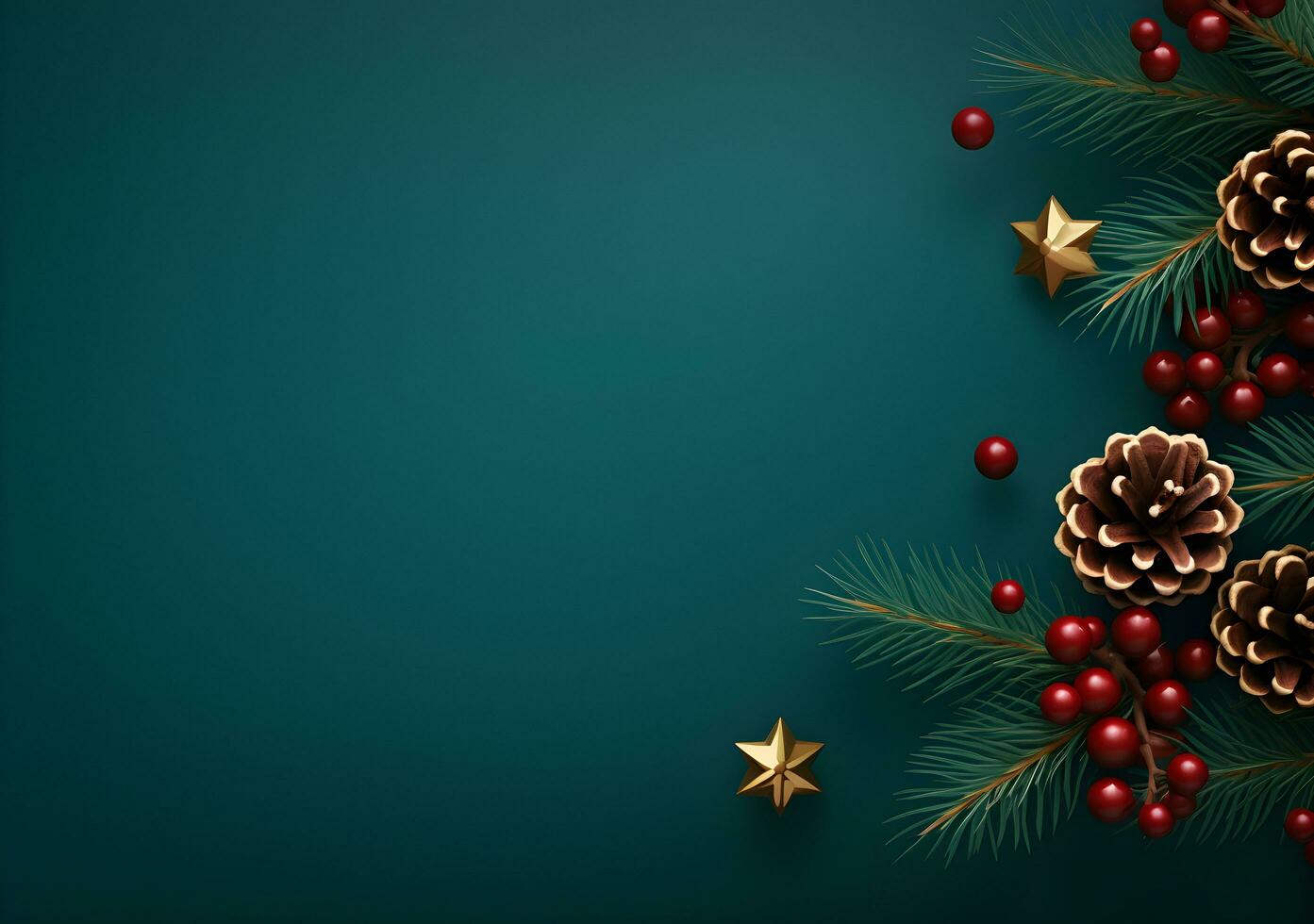 AI generated Christmas background with fir branches, pine cones, berries and stars. photo