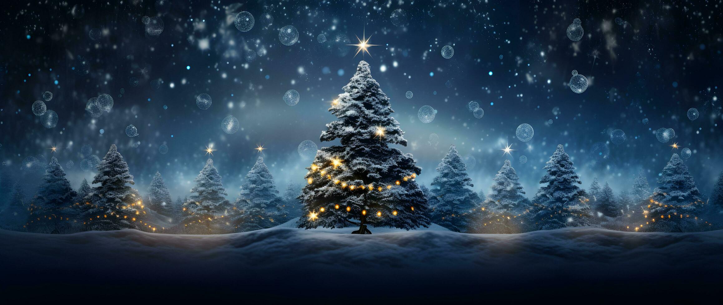 AI generated Christmas and New Year background. Christmas tree in a snowy forest. photo