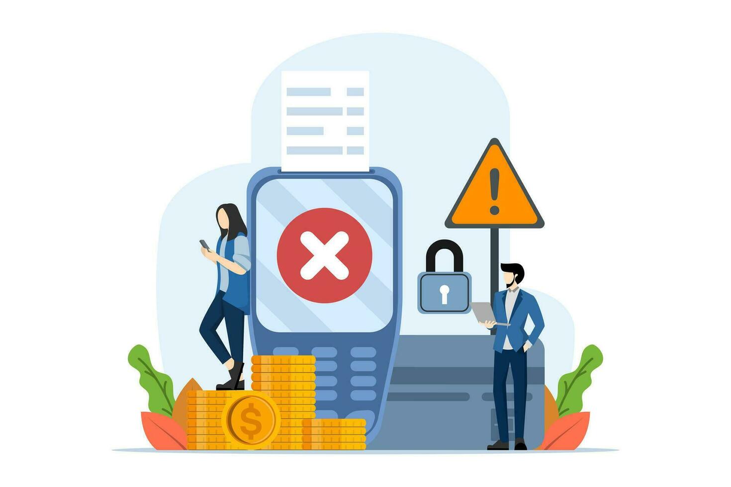 Payment error concept. Non-cash NFC payment transaction cancelled. Payment terminal with cross check mark. Payment failed, try again. Vector illustration on white background