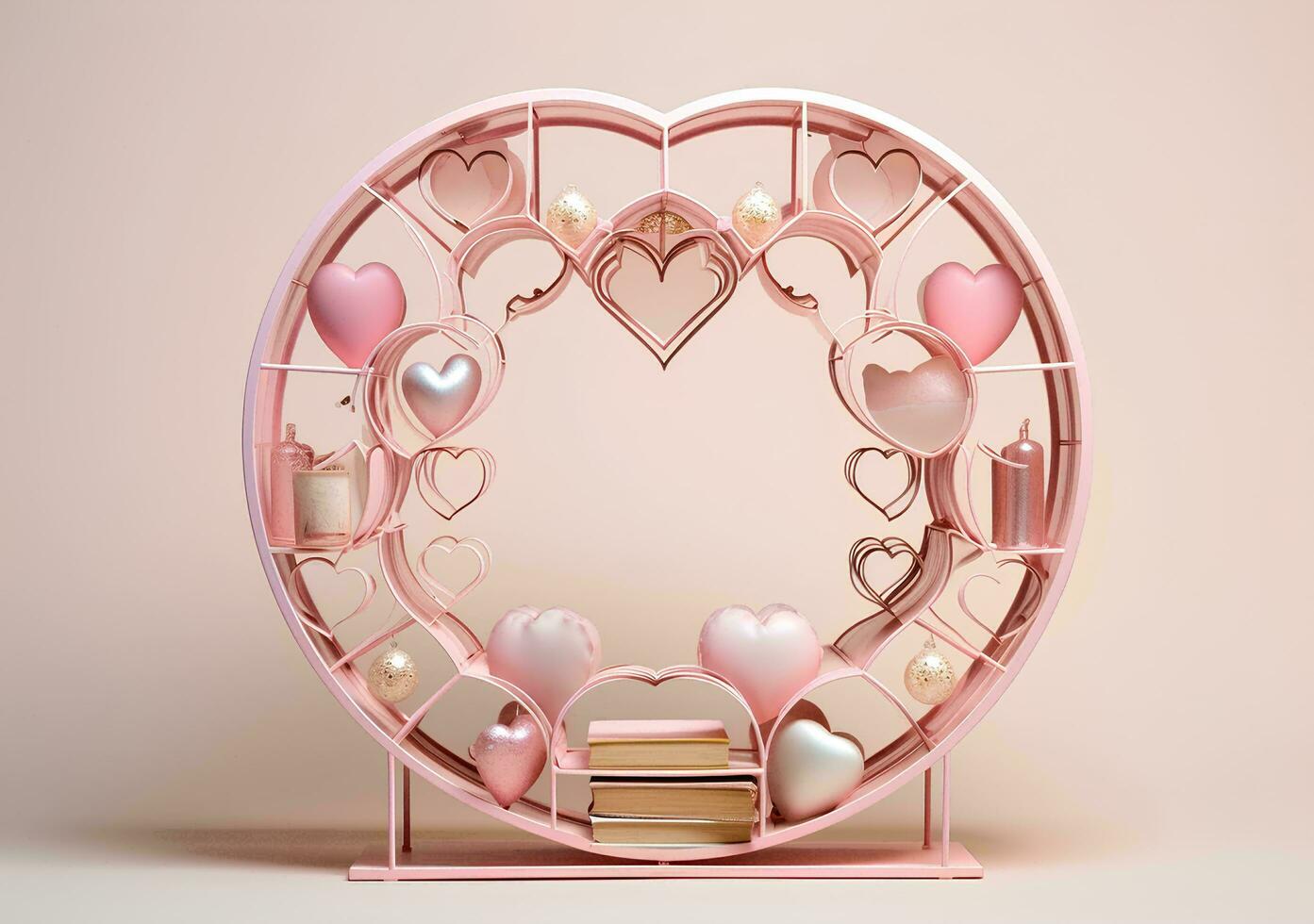 AI generated Heart shaped frame on the shelf. Valentines day love concept. 3d rendering photo