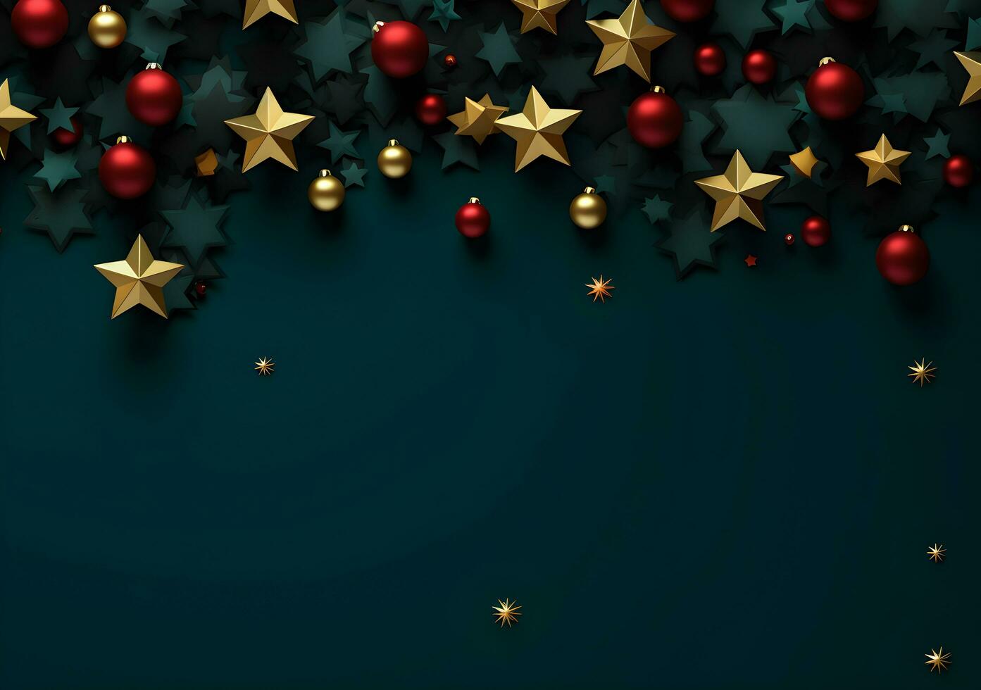 AI generated Christmas background with fir branches and red stars. Top view. 3d render photo