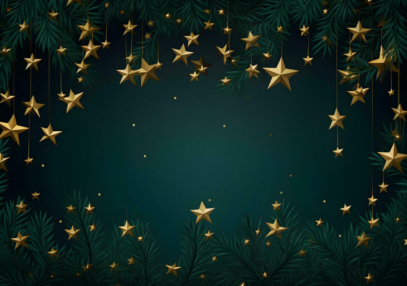 AI generated Christmas background with fir branches and red stars. Top view. 3d render photo