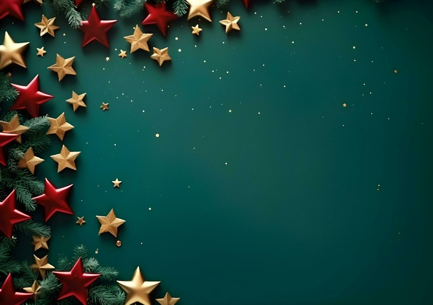 AI generated Christmas background with fir branches and red stars. Top view. 3d render photo
