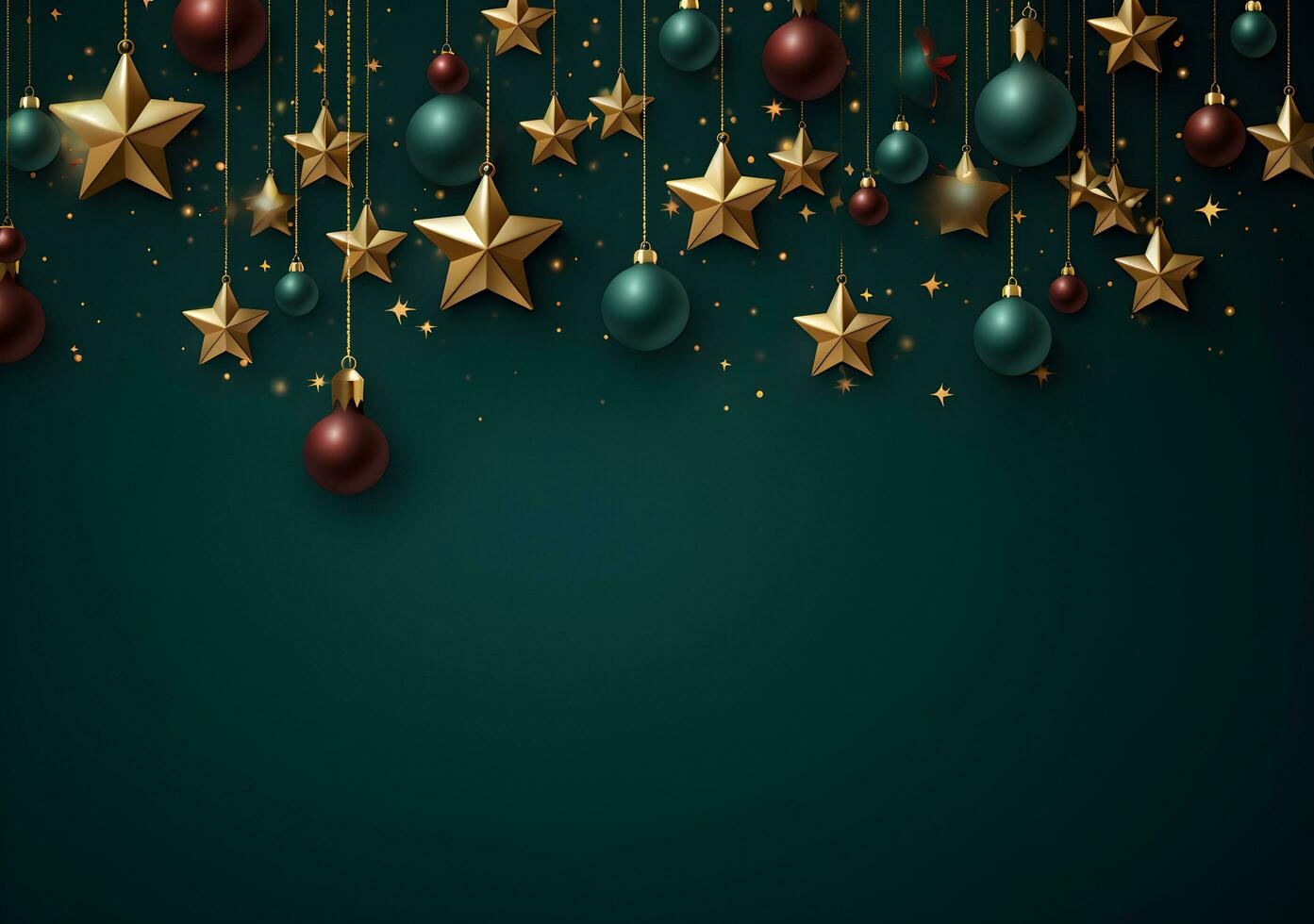 AI generated Christmas background with fir branches and red stars. Top view. 3d render photo