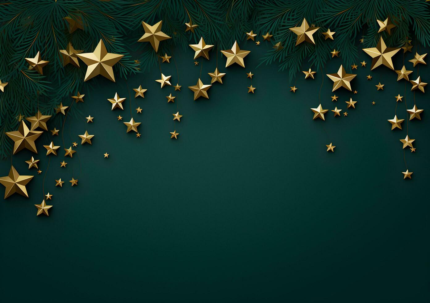 AI generated Christmas background with fir branches and red stars. Top view. 3d render photo