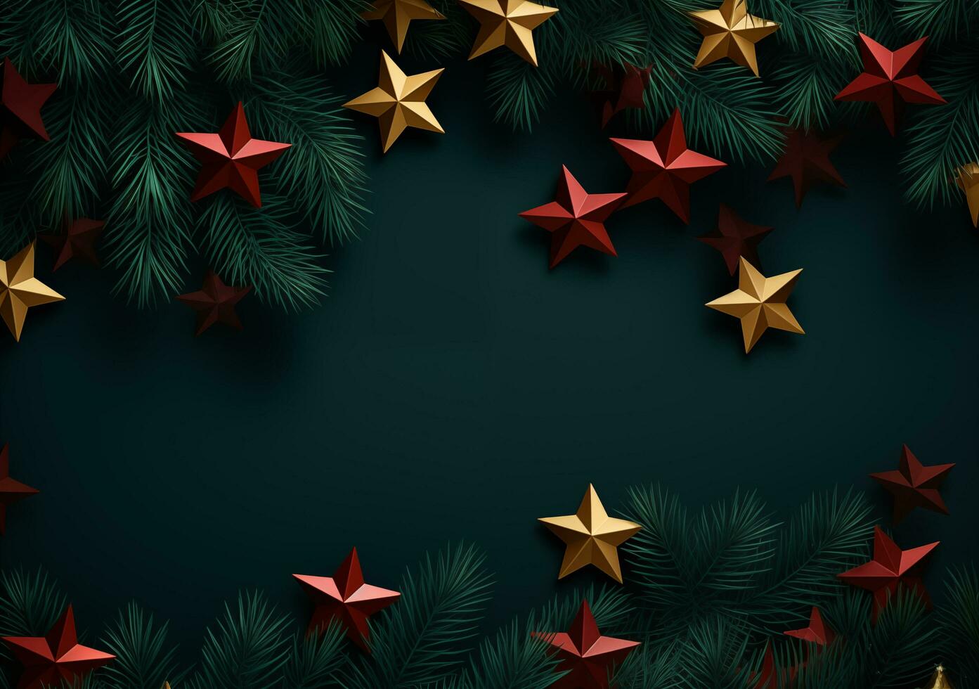 AI generated Christmas background with fir branches and red stars. Top view. 3d render photo
