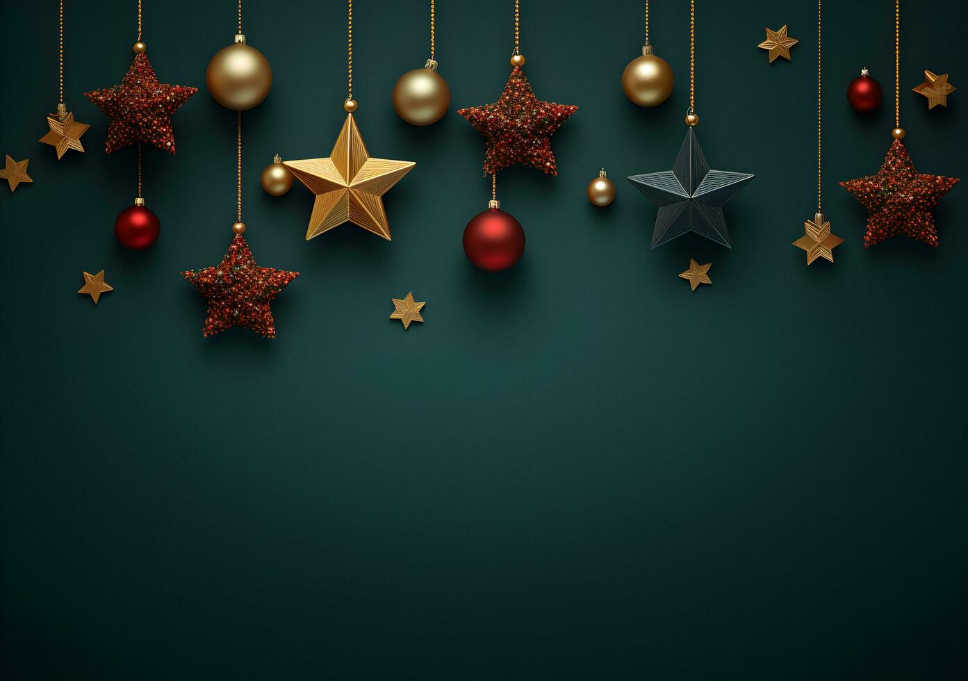 AI generated Christmas background with fir branches and red stars. Top view. 3d render photo