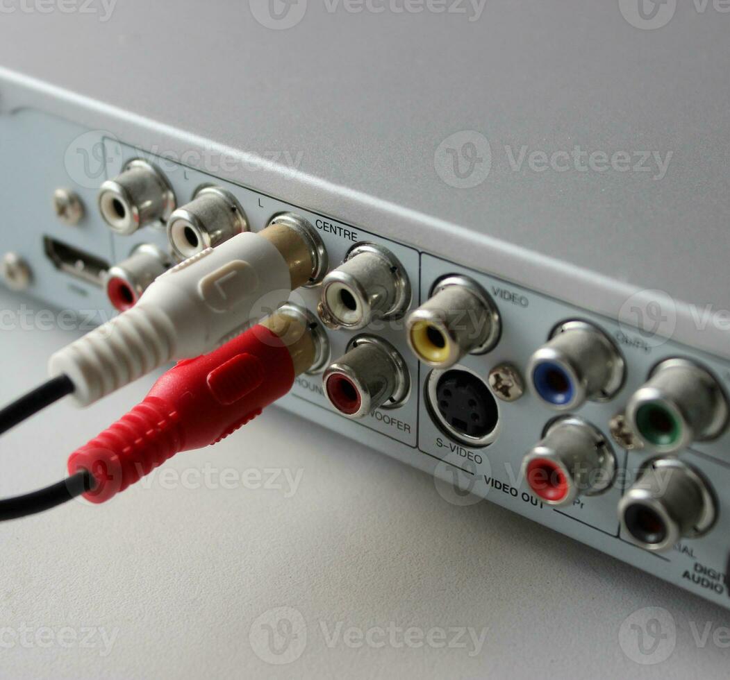 Two RCA plugs connected to output video slots of multimedia player rear panel photo