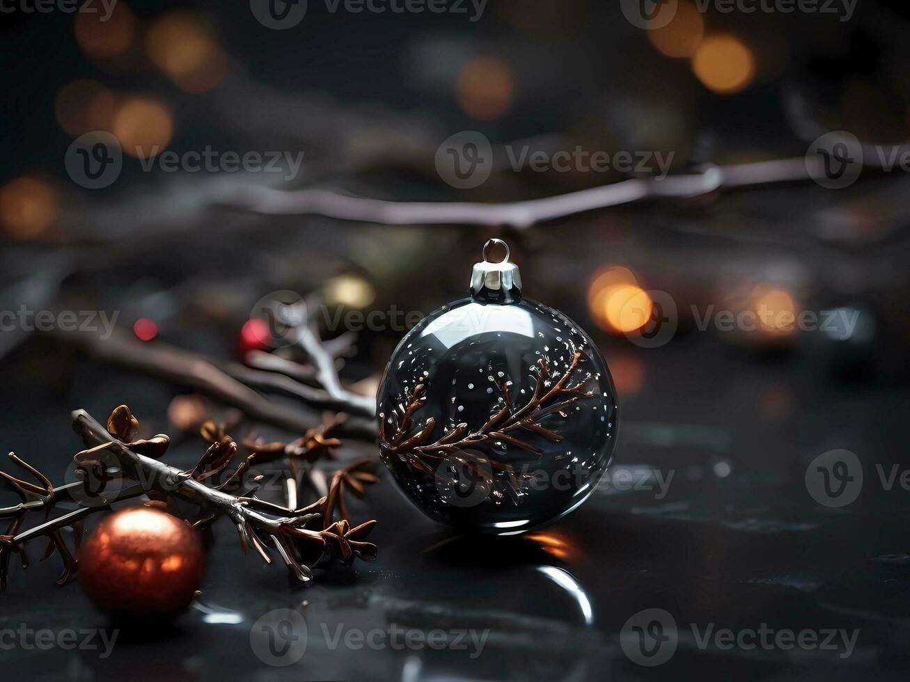 AI generated Exotic Traditional Christmas Splendor on Glistening Dark Branches in High Definition Glory photo