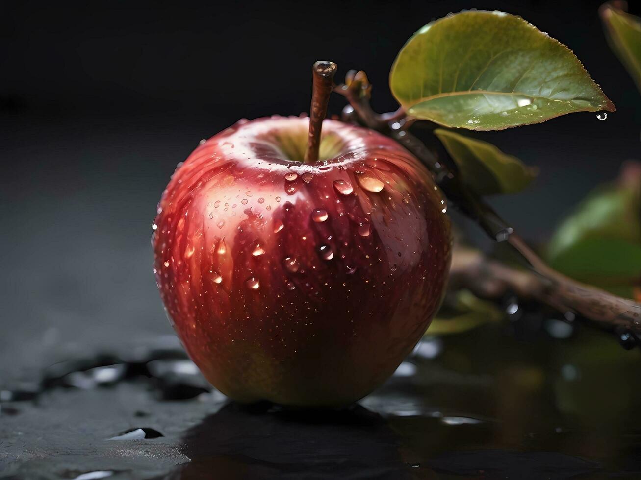 AI generated Luscious Exotic Apple High-Definition Opulence on a Dark Brown Branch with Glistening Water Droplets, Enhanced by High Contrast Against a Blurry Dark Gray and Slate Background photo