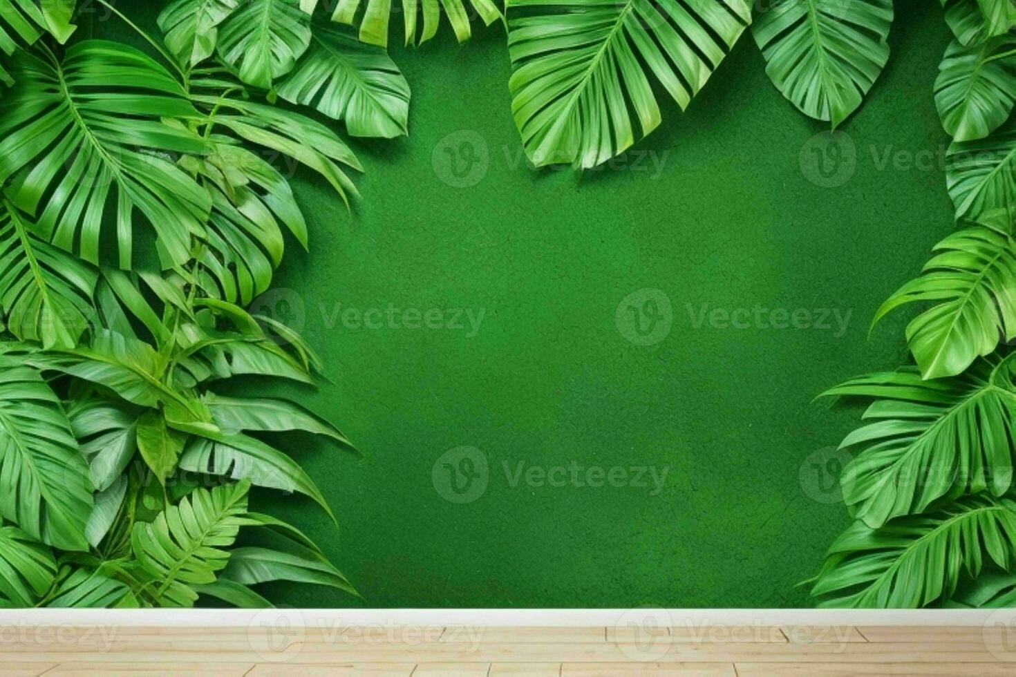 AI generated Empty wall background with tropical leaves. Pro Photo