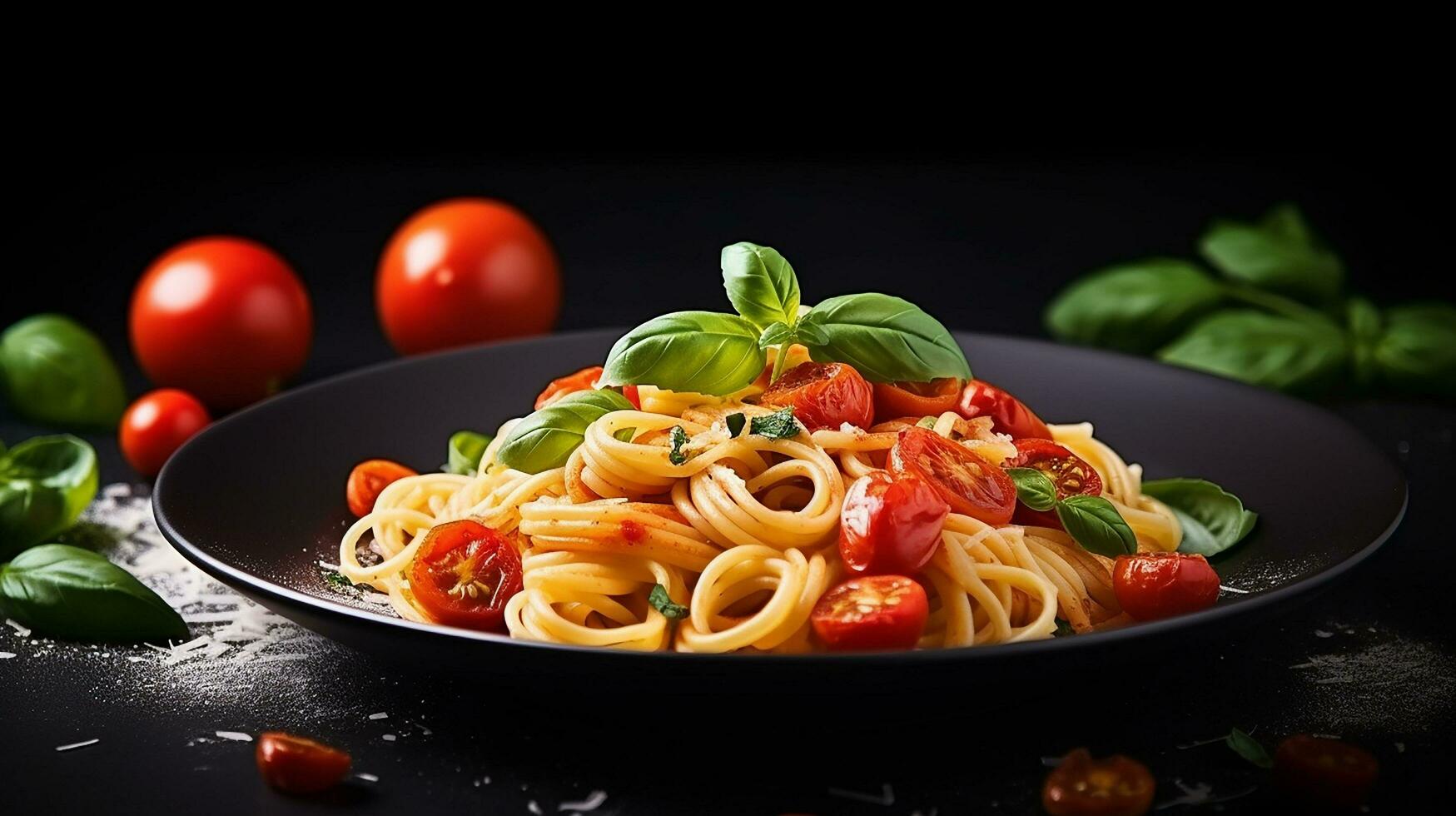 AI generated pasta with tomato sauce and basil leaves on a black background photo