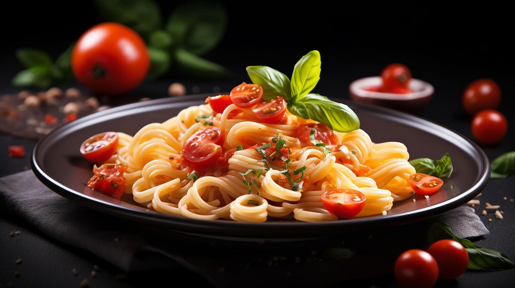 ai generado pasta con tomate salsa y albahaca hojas en un negro antecedentes foto