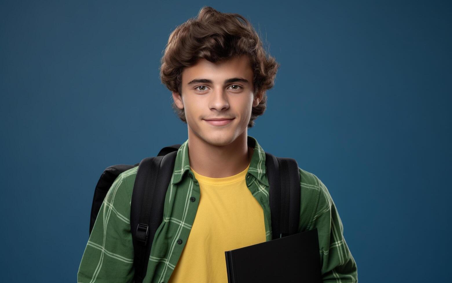 ai generado estudiante sonriente con colegio bolso y cuaderno foto