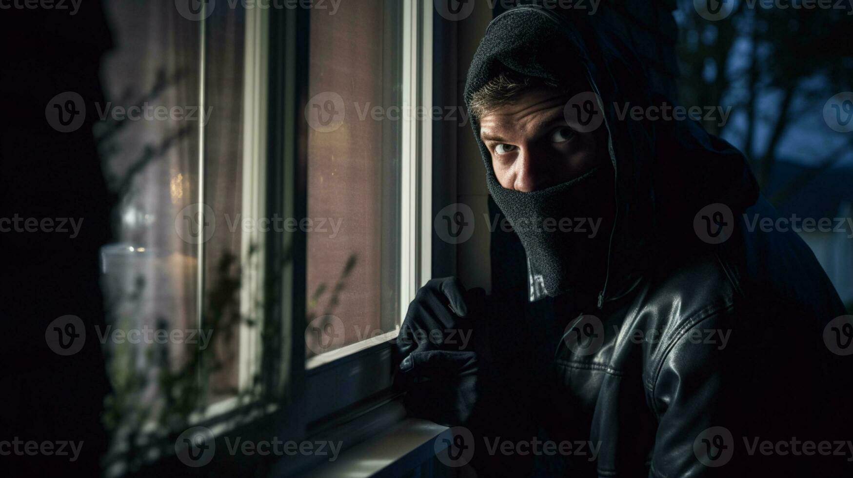 AI generated Burglar about to enter through a window photo