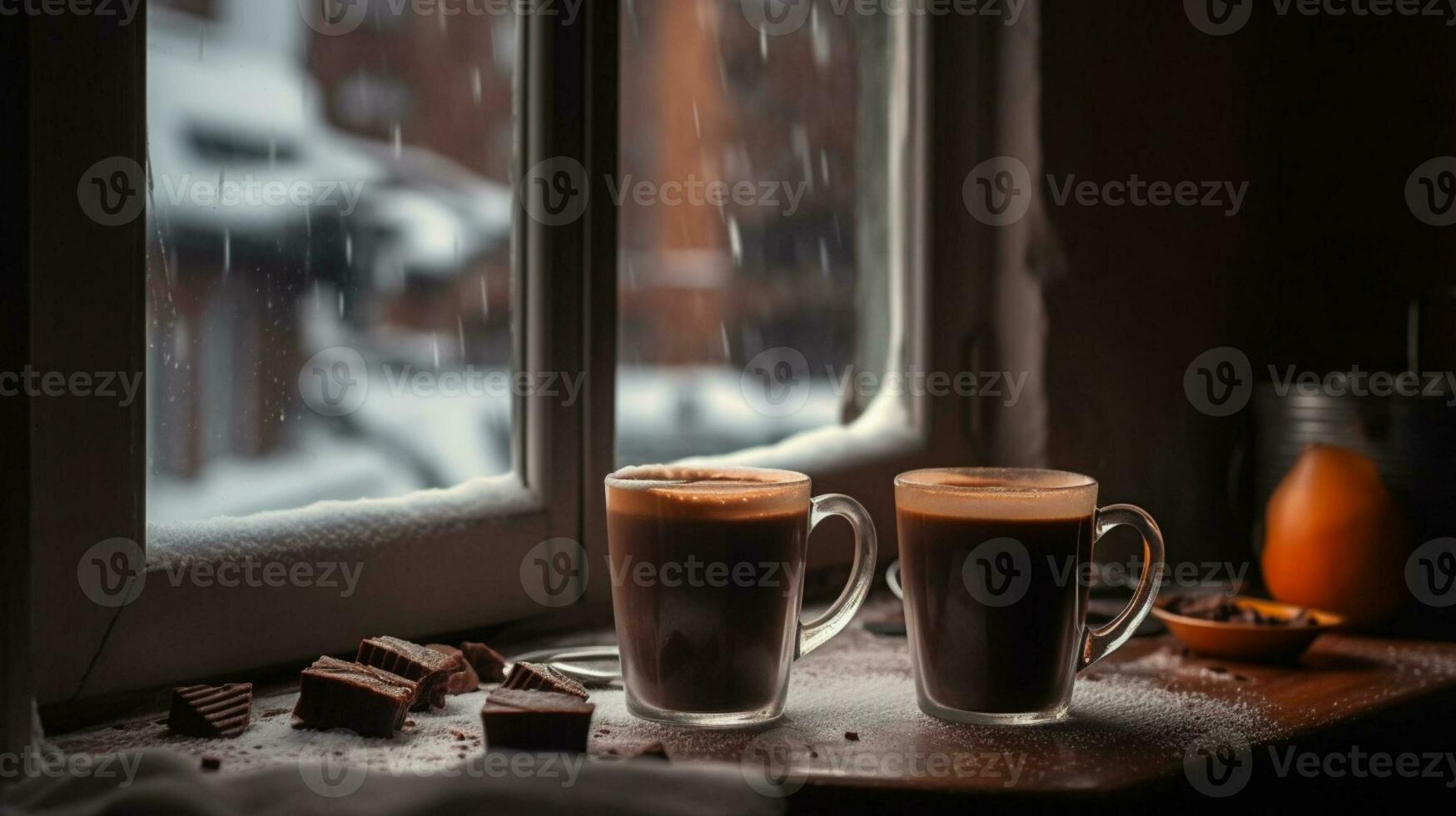 AI generated Hot chocolate on a snowy and cold winter day photo