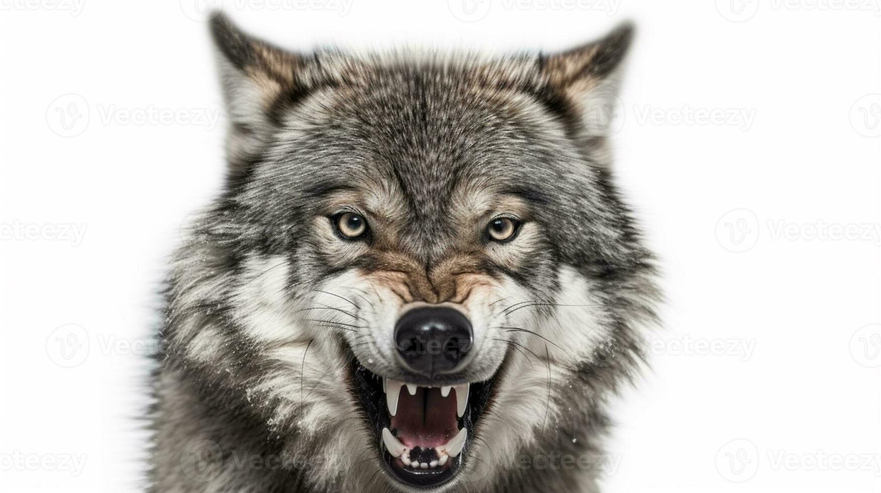 AI generated Angry timber wolf on a solid white background close-up photo