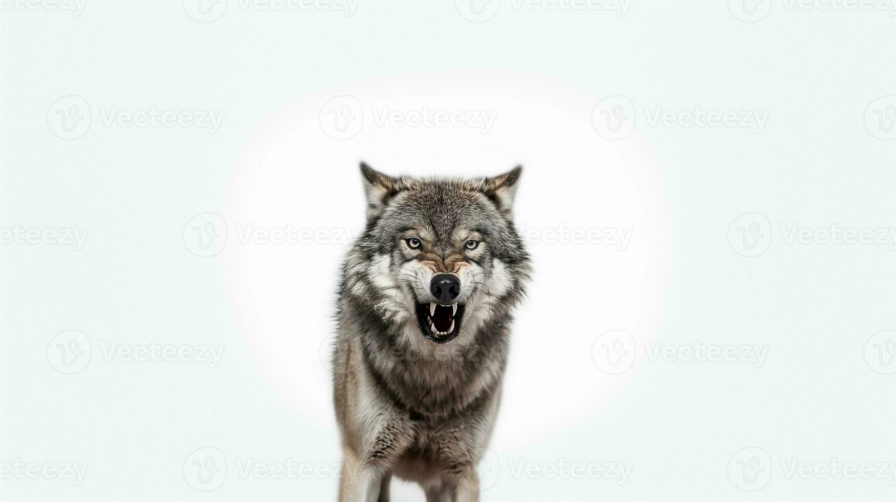 AI generated Angry timber wolf on a solid white background at a distance photo