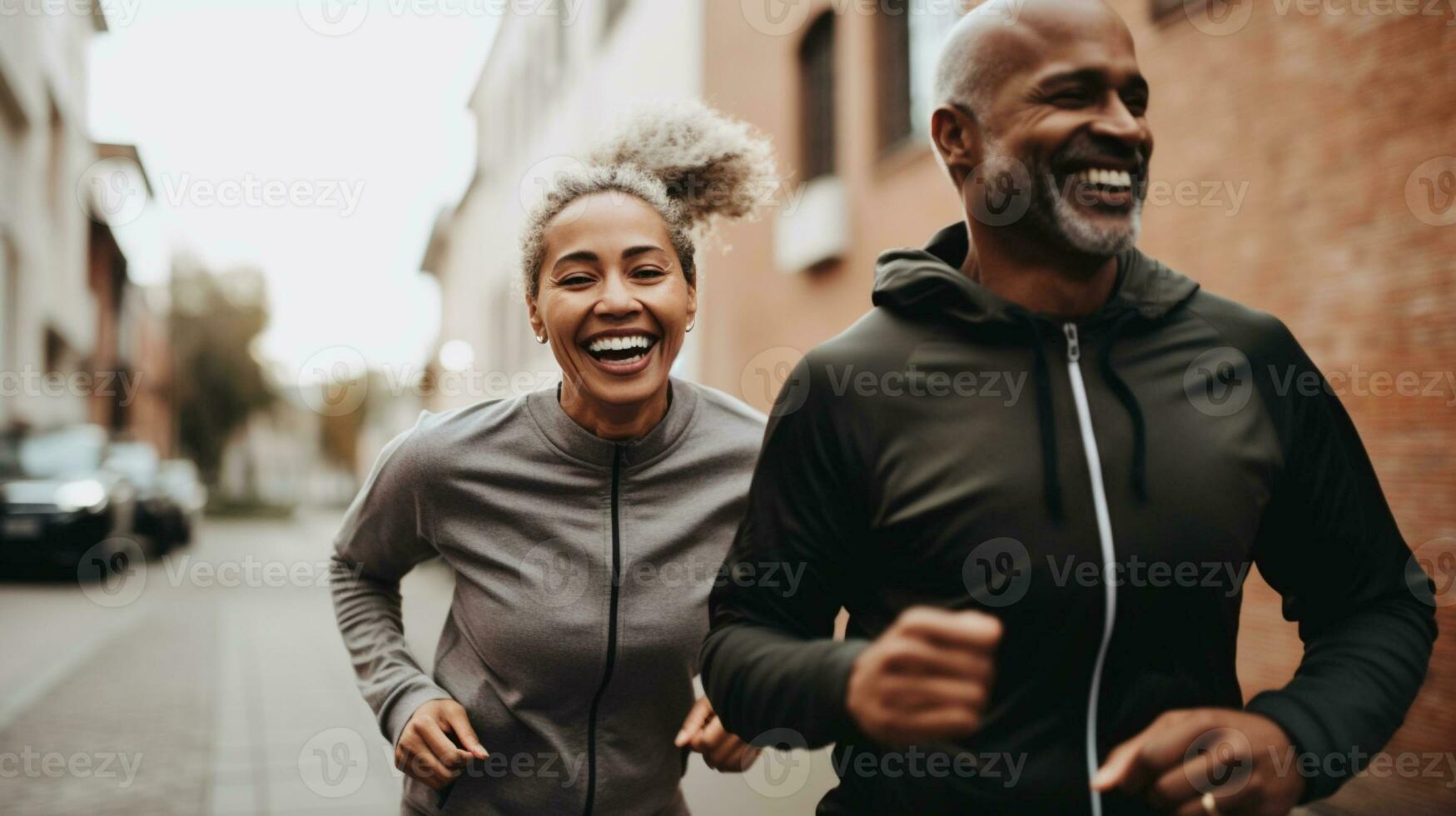 ai generado más viejo africano americano Pareja va para un correr foto