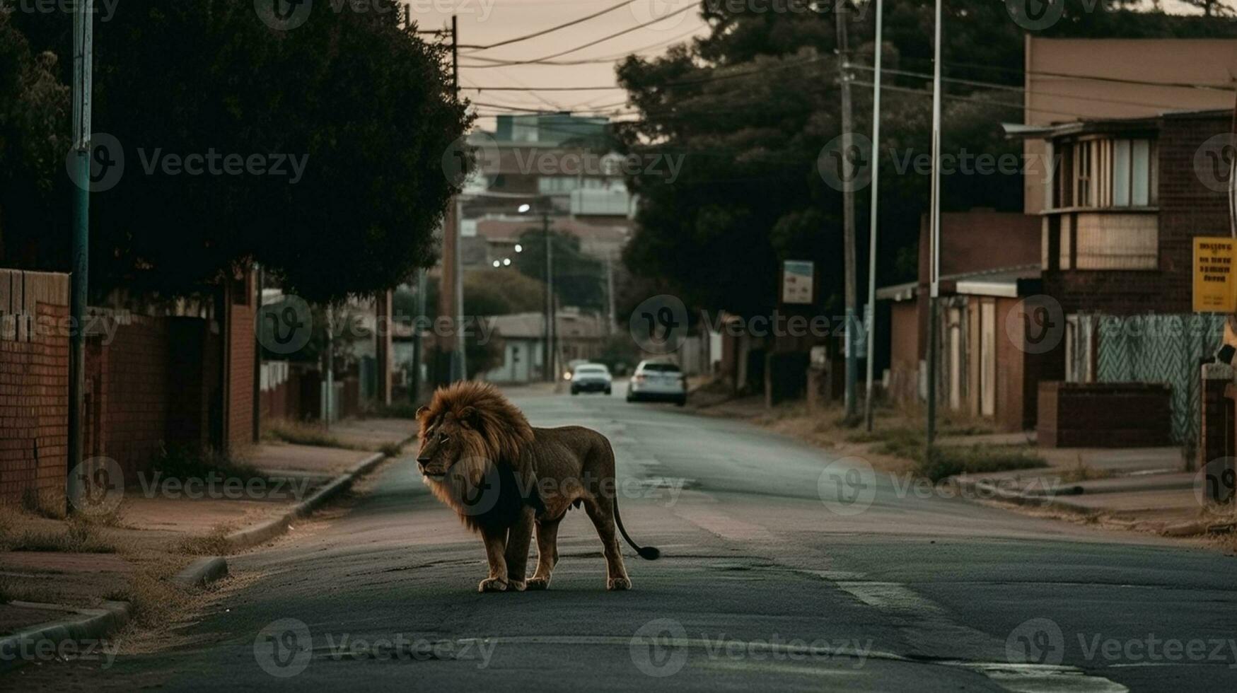 AI generated A male lion wanders through an African city photo