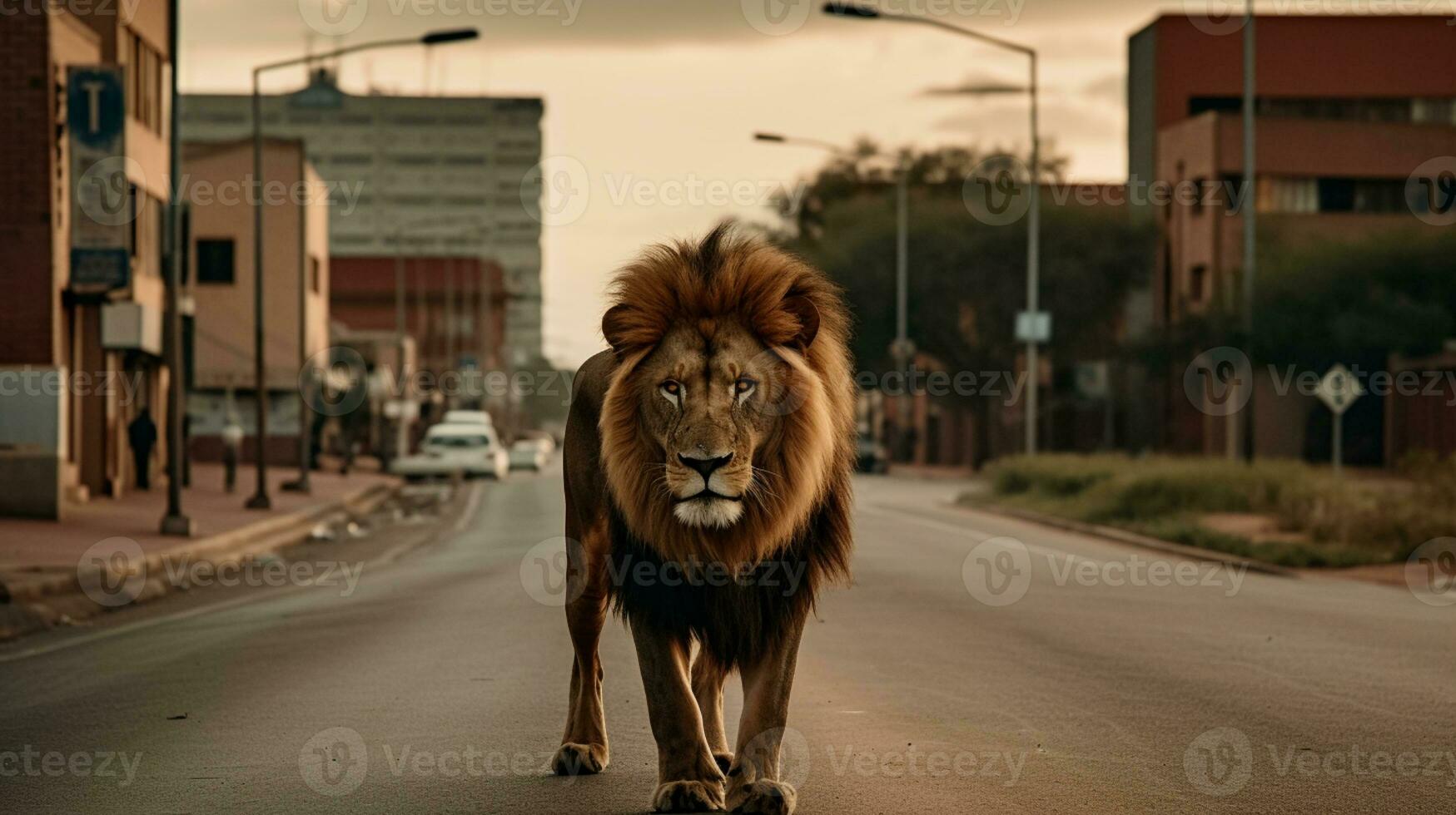 AI generated A male lion wanders through an African city photo