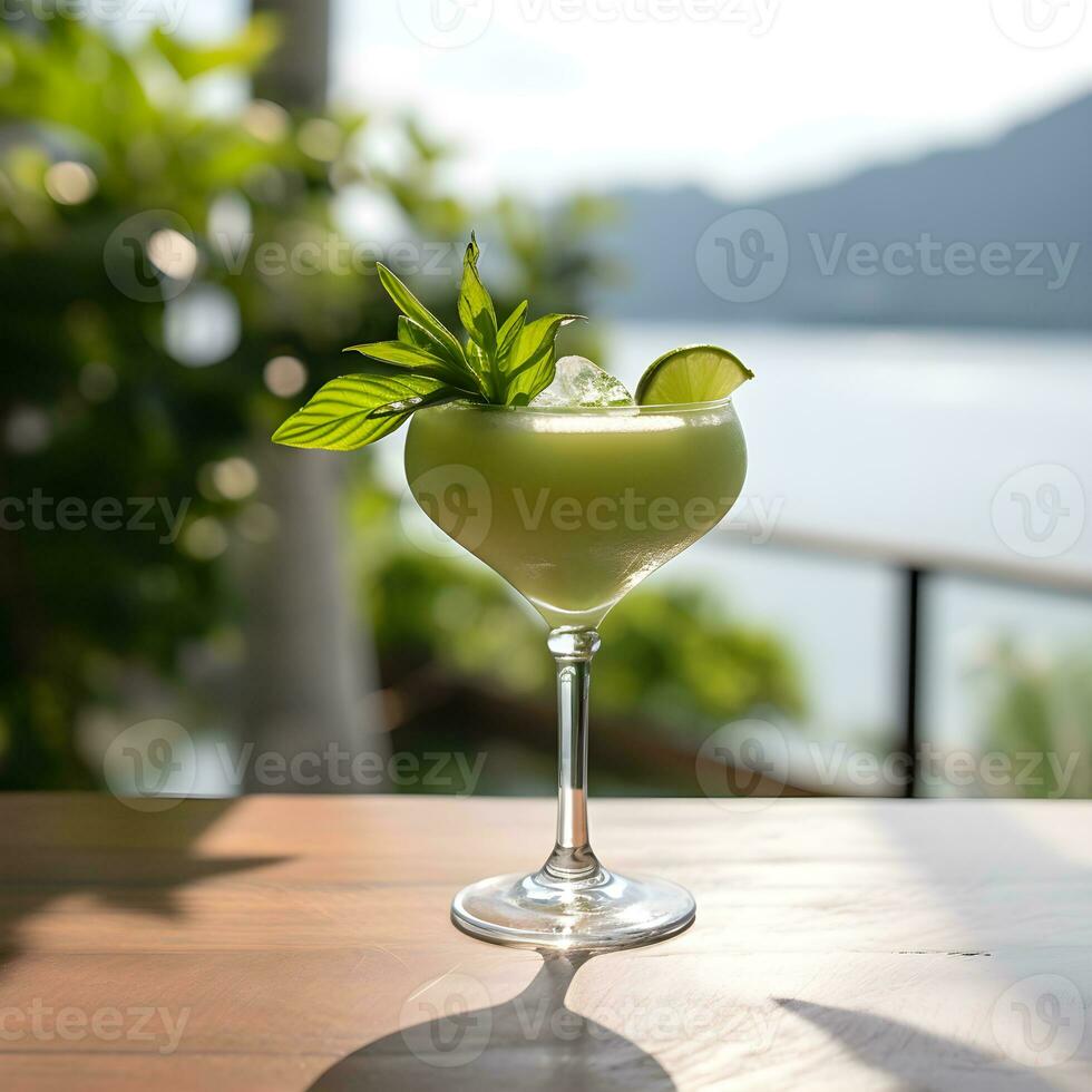 AI generated Thai Basil Daiquiri. cocktail with ice, Basil and lemon slices. cocktail at the bar. Bask in the warm afternoon sun. The backdrop is a calm sea with a bokeh effect. photo