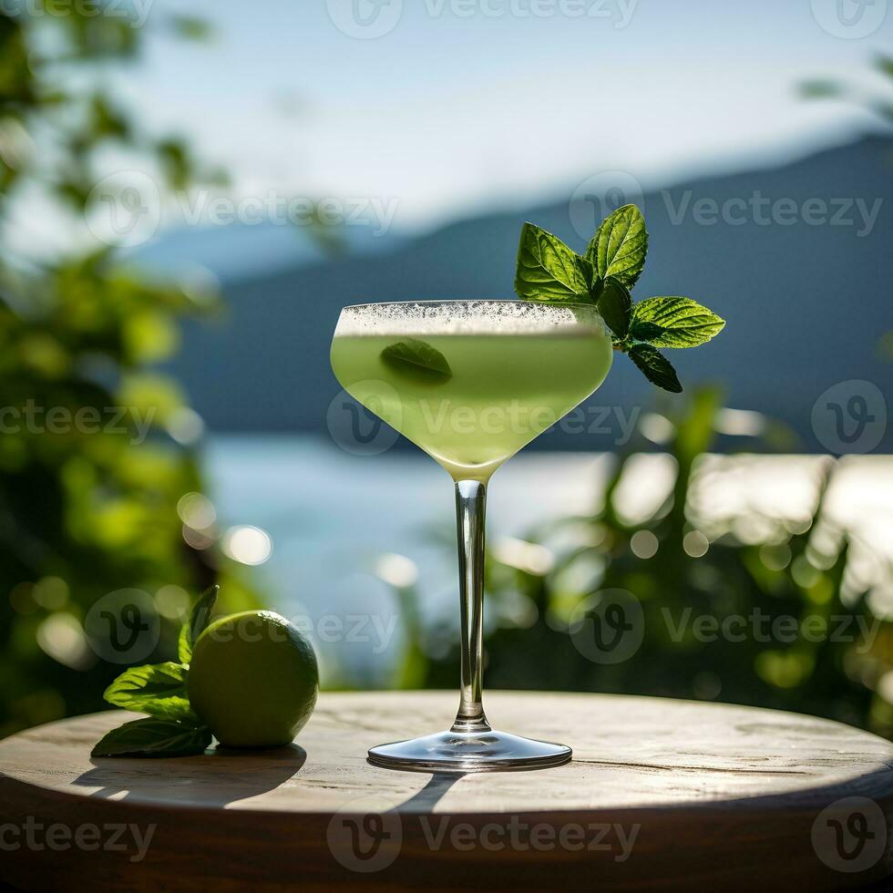 AI generated Thai Basil Daiquiri. cocktail with ice, Basil and lemon slices. cocktail at the bar. Bask in the warm afternoon sun. The backdrop is a calm sea with a bokeh effect. photo