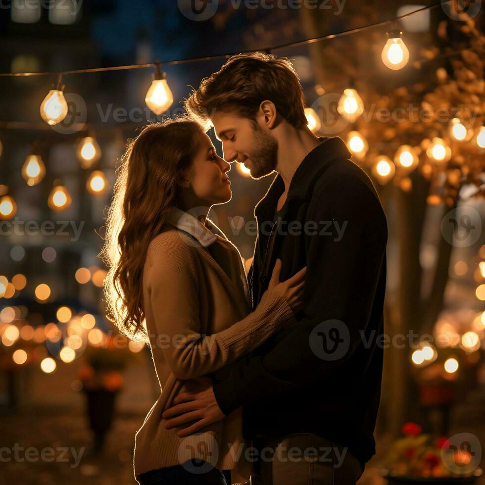 ai generado joven romántico Pareja es teniendo divertido al aire libre en invierno disfrutando gasto hora juntos en nuevo año víspera. dos amantes son abrazando y besos en Santo San Valentín día. foto