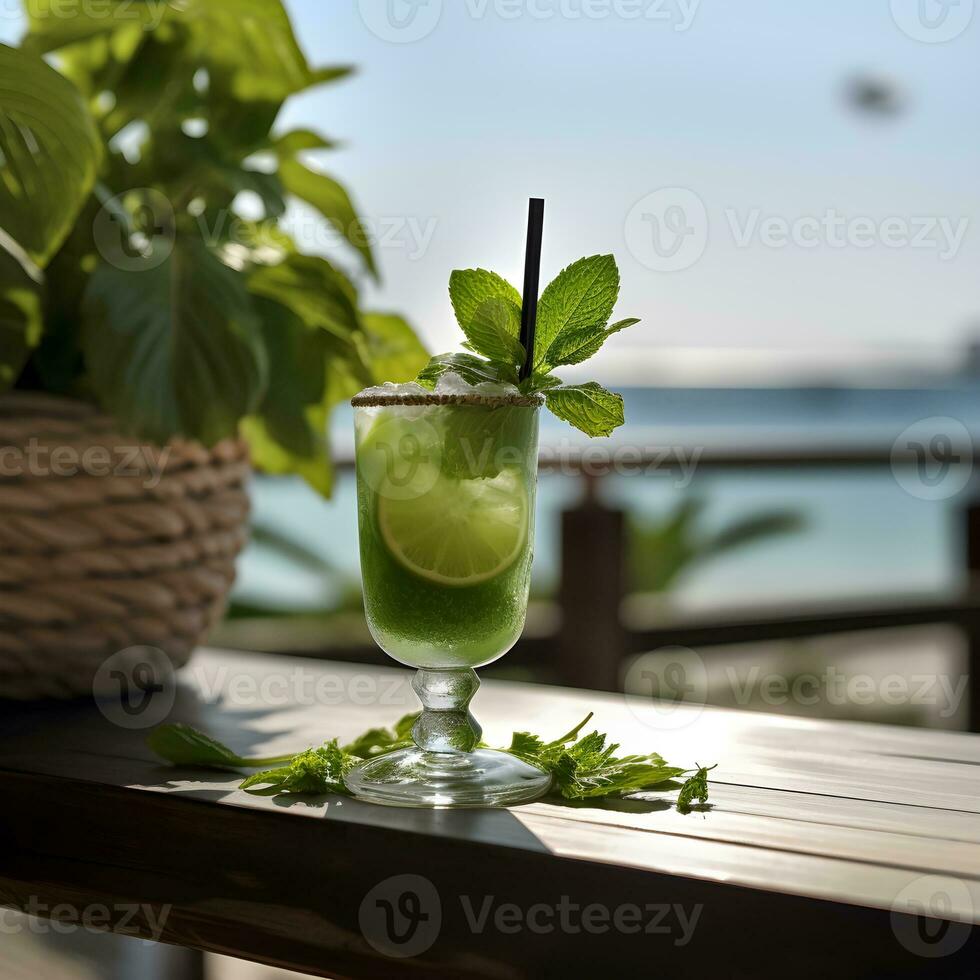 AI generated Thai Basil Daiquiri. cocktail with ice, Basil and lemon slices. cocktail at the bar. Bask in the warm afternoon sun. The backdrop is a calm sea with a bokeh effect. photo