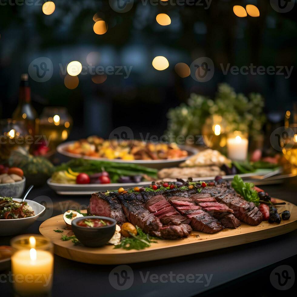 ai generado jugoso falda filete en adición con un vegetal guarnación. como de cerca en un plato foto