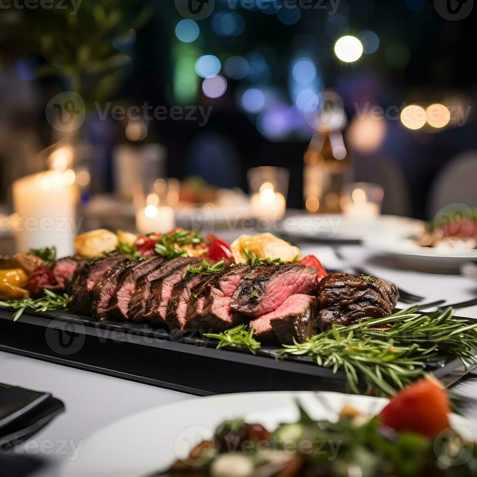 AI generated Juicy Skirt steak in addition with a vegetable garnish. as close-up on a plate photo