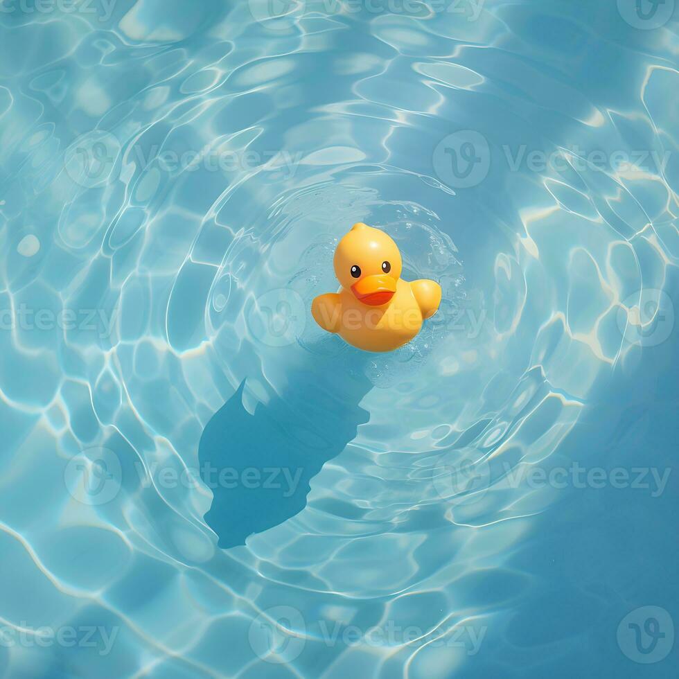 ai generado ellow caucho Pato flotante en azul agua en un piscina en un caliente verano día, tomando un bañera y nadando foto