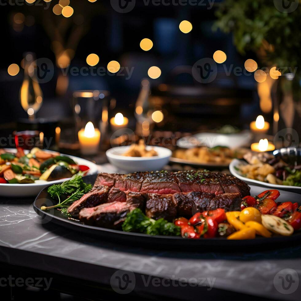 AI generated Juicy Skirt steak in addition with a vegetable garnish. as close-up on a plate photo