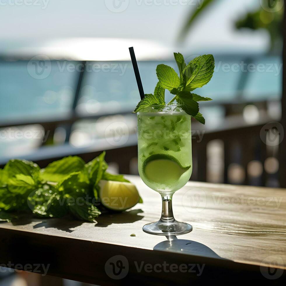 AI generated Thai Basil Daiquiri. cocktail with ice, Basil and lemon slices. cocktail at the bar. Bask in the warm afternoon sun. The backdrop is a calm sea with a bokeh effect. photo