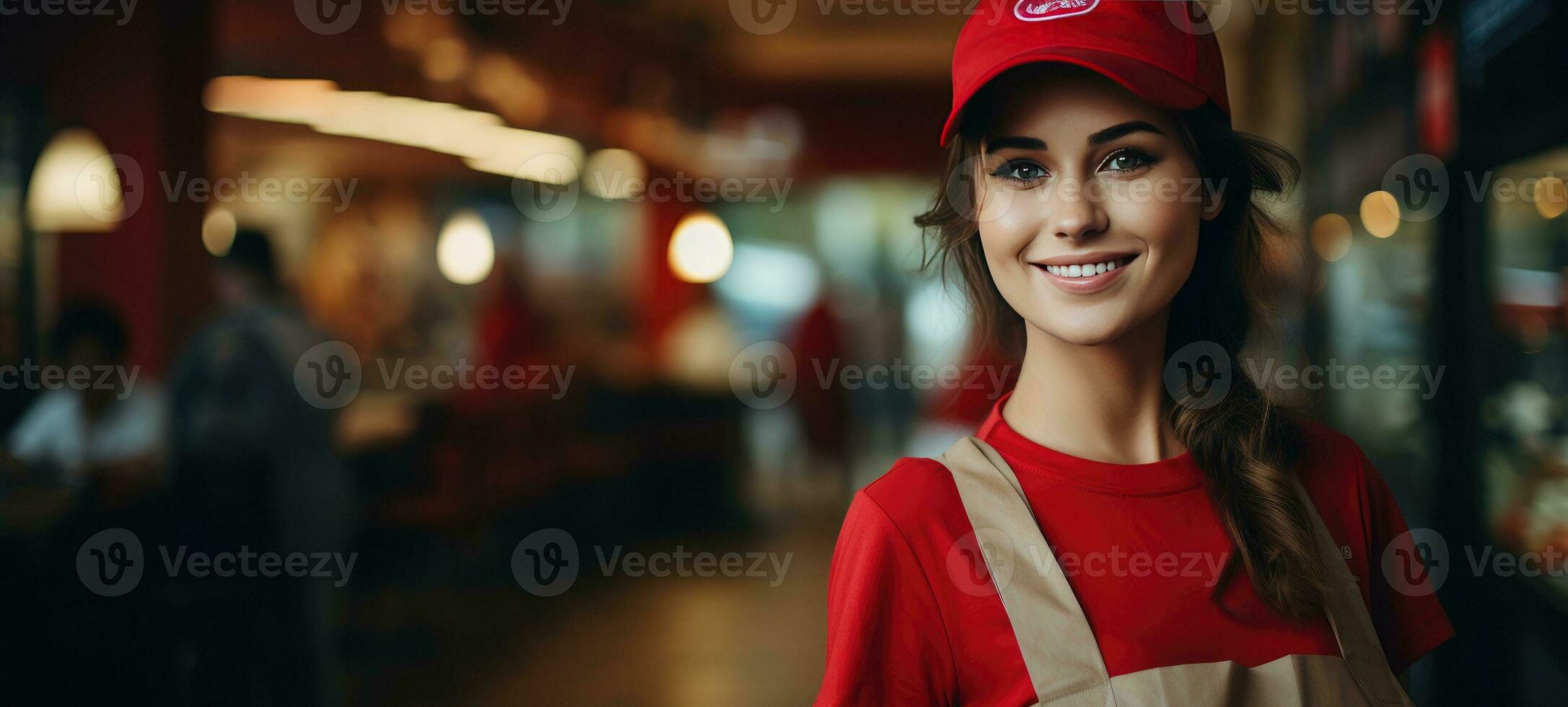 AI generated portrait beautiful woman cafe in background photo